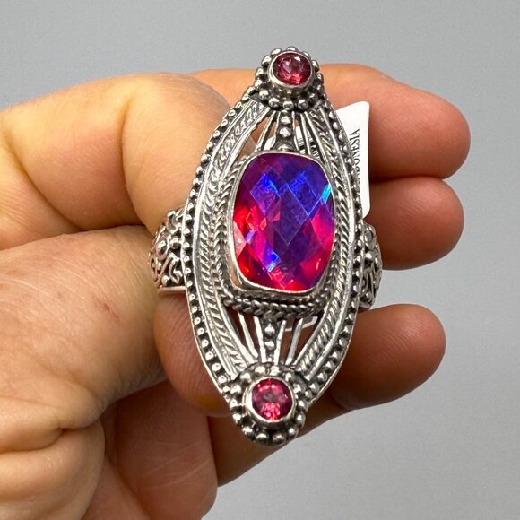 Sarda Artisan Gem Rainbow Red & Mystic Quartz Triplet Sterling Silver Ring Size - Picture 3 of 9